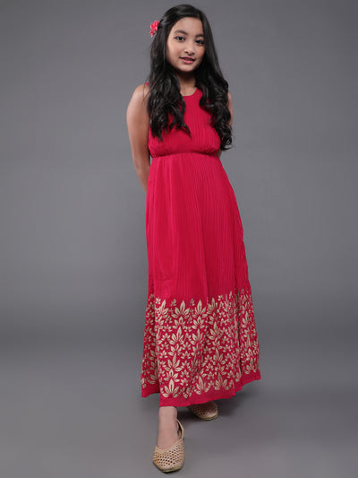 Pink Floral Print Pleated Maxi Dress