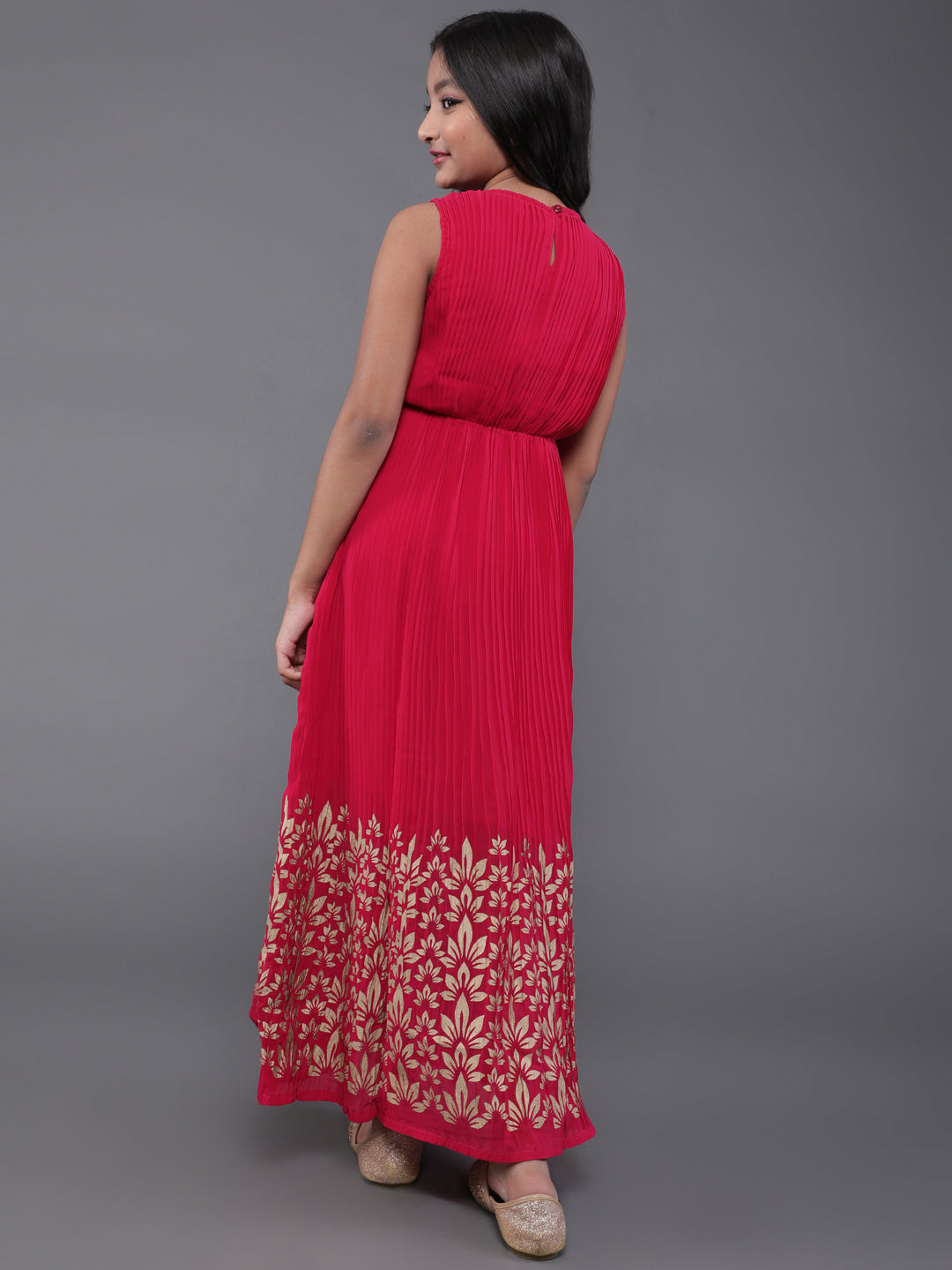 Pink Floral Print Pleated Maxi Dress