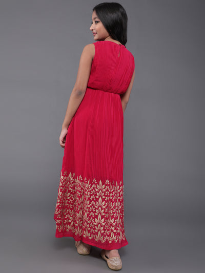Pink Floral Print Pleated Maxi Dress