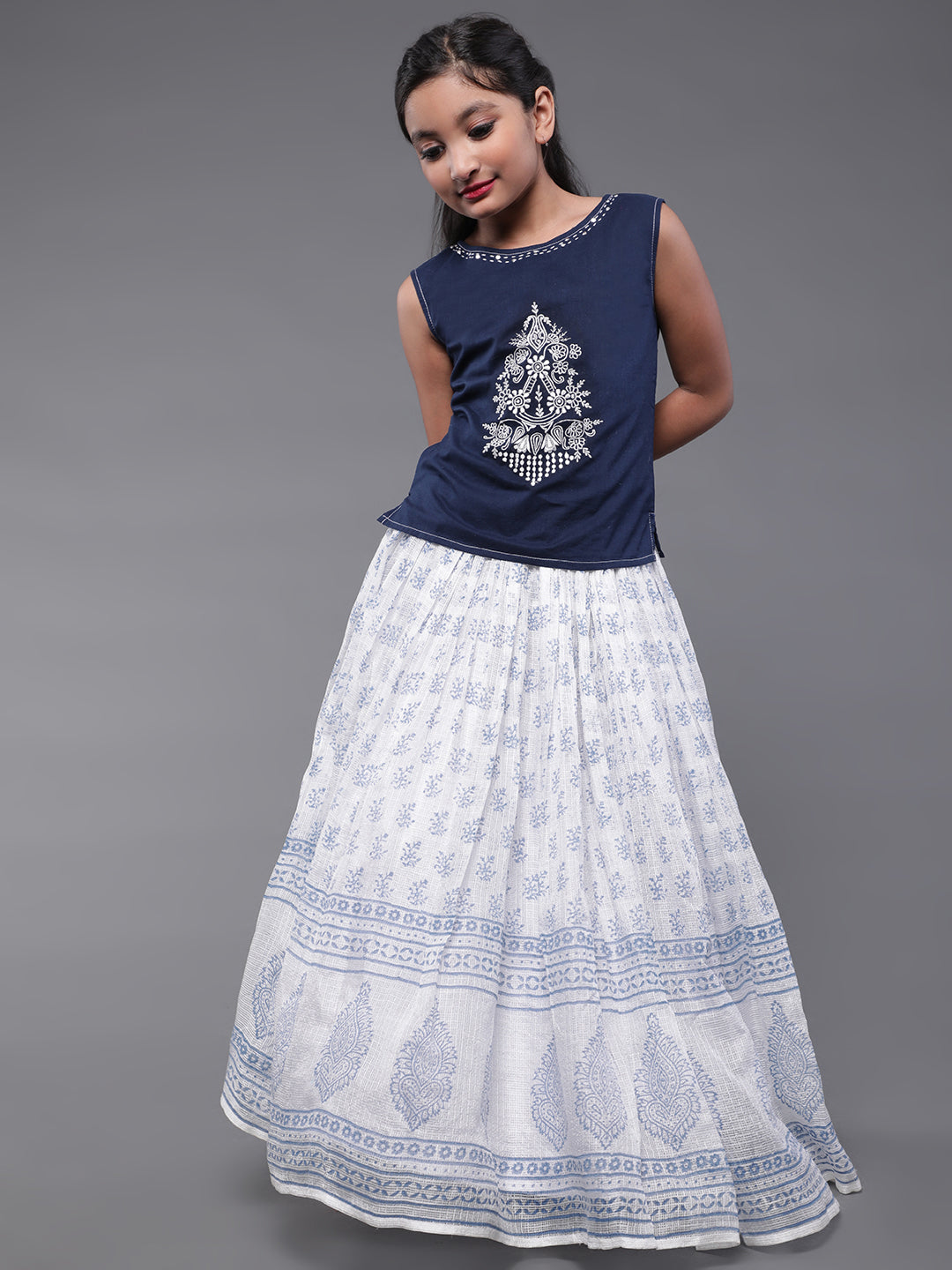 White & Blue Block Printed Skirt With Embroidered Top