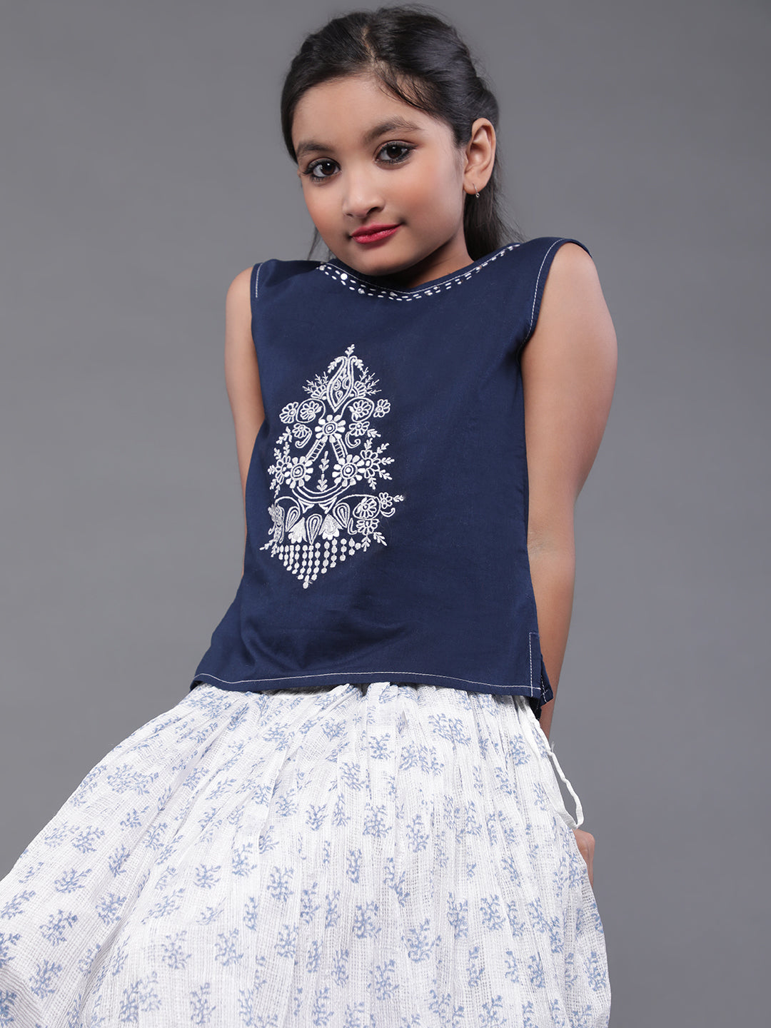 White & Blue Block Printed Skirt With Embroidered Top