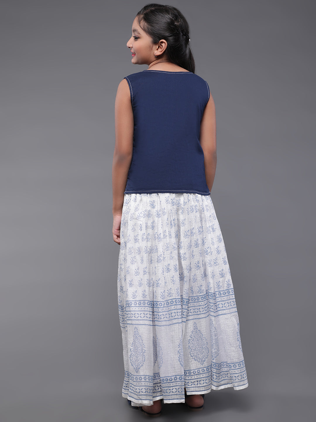 White & Blue Block Printed Skirt With Embroidered Top