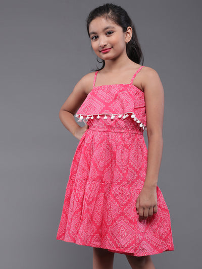 Pink Bandhani Print Dress With Pom-Pom Lace