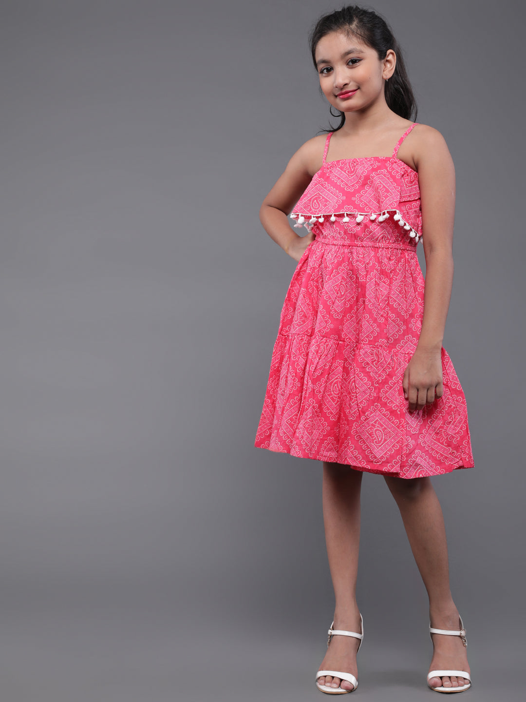 Pink Bandhani Print Dress With Pom-Pom Lace