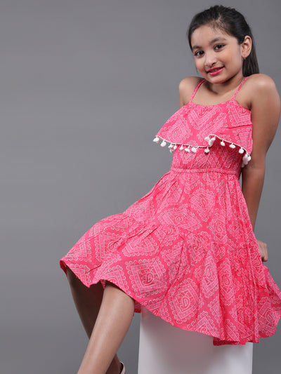 Pink Bandhani Print Dress With Pom-Pom Lace