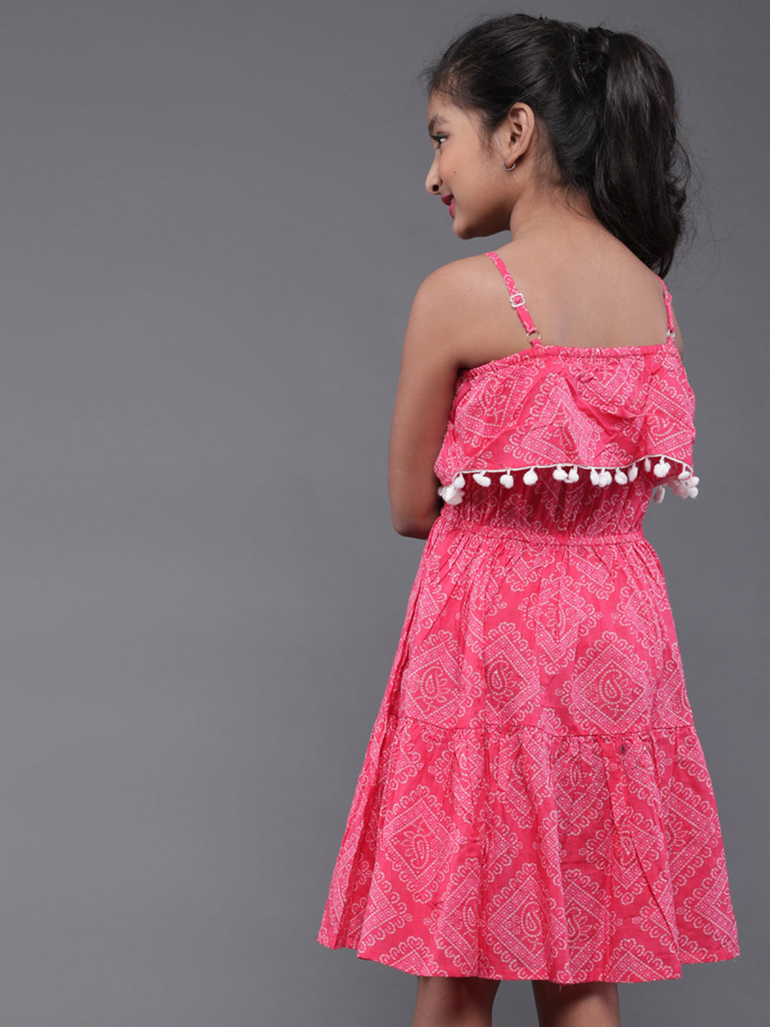 Pink Bandhani Print Dress With Pom-Pom Lace