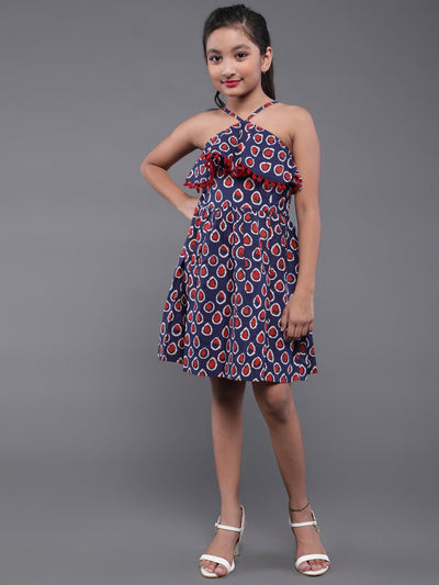 Blue Kitsch Print Mini Dress With Pom-Pom Lace