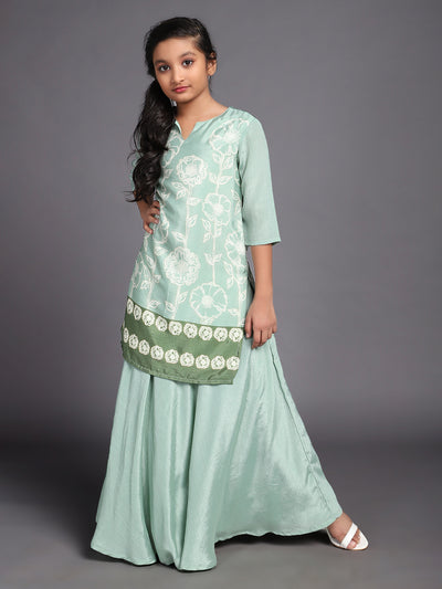 Green Floral Digital Print Kurta With Skirt