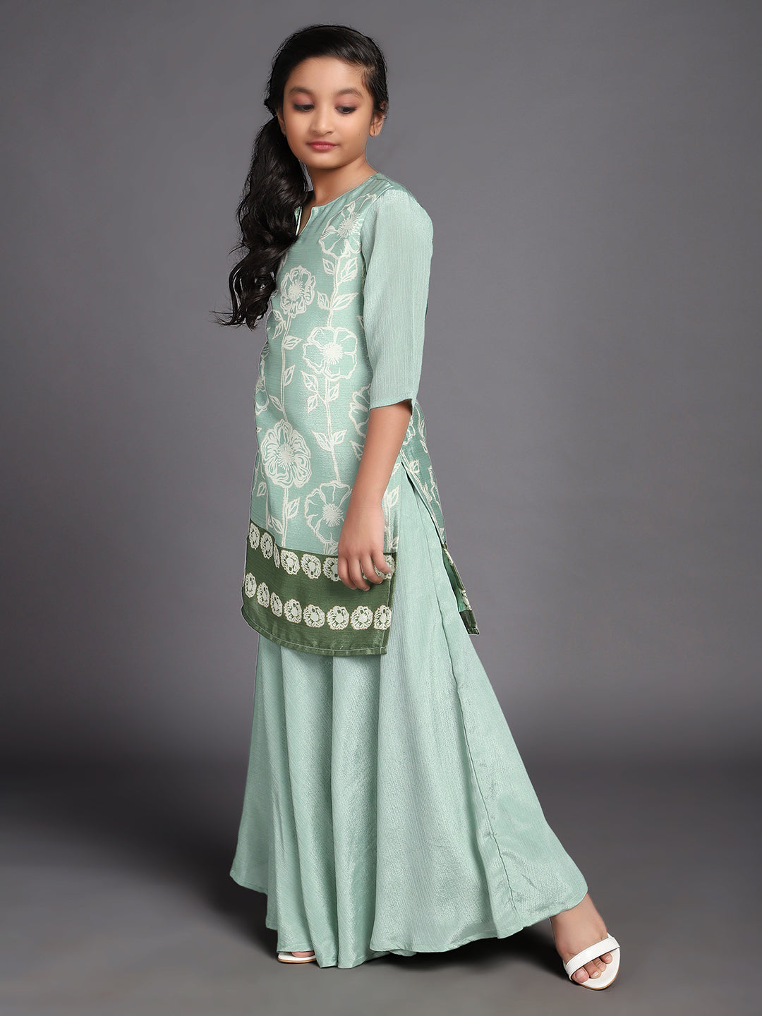 Green Floral Digital Print Kurta With Skirt