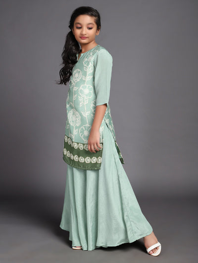 Green Floral Digital Print Kurta With Skirt