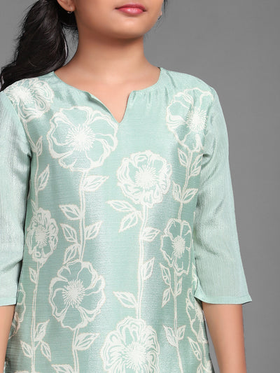 Green Floral Digital Print Kurta With Skirt