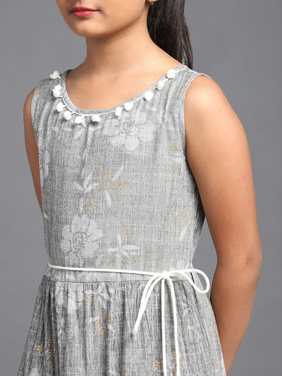 Grey Floral Print Empire Dress With Tie-Up Waist