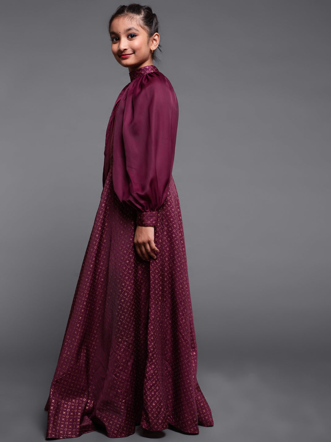 Burgundy Printed Flared Dress With Cape Sleeve