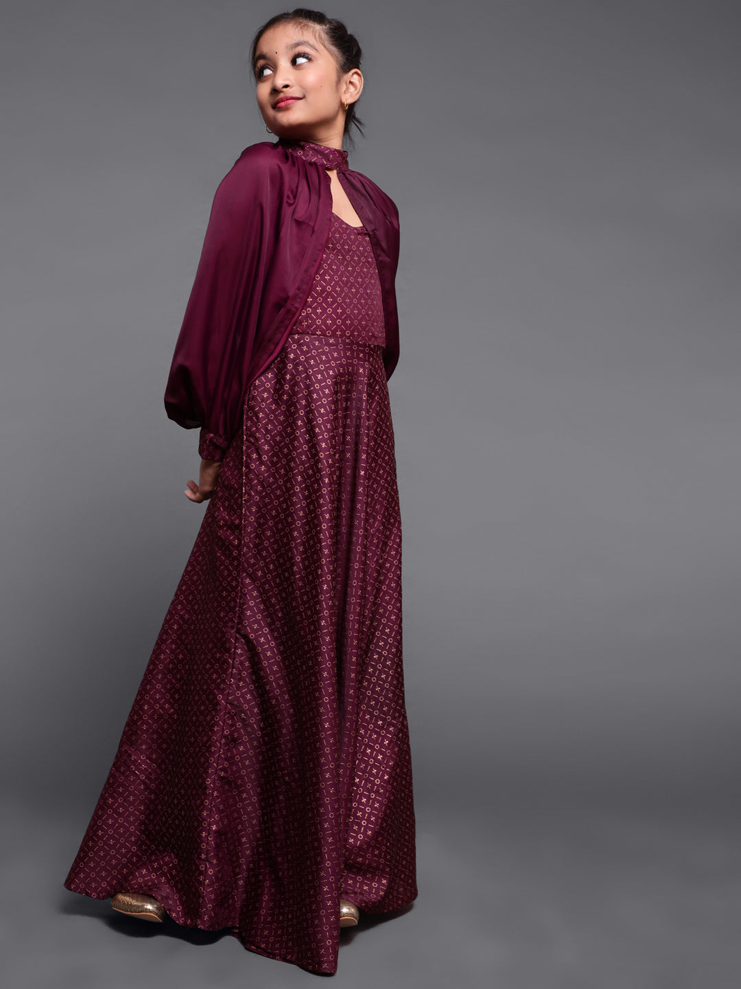 Burgundy Printed Flared Dress With Cape Sleeve