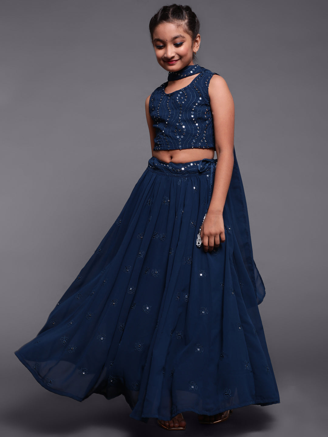 Blue Mirror Work Lehenga Choli With Dupatta Set