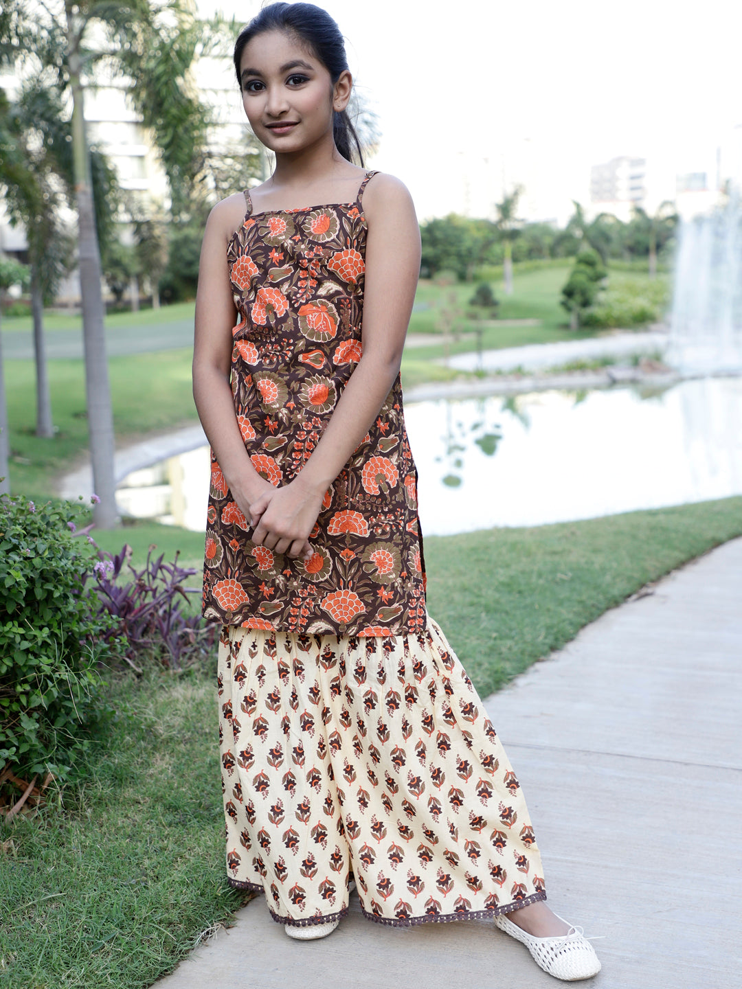 Brown & Cream Floral Print Kurta With Sharara