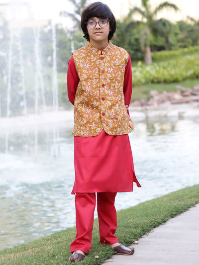 Red & Mustard Floral Print Kurta Pyjama With Nehru Jacket