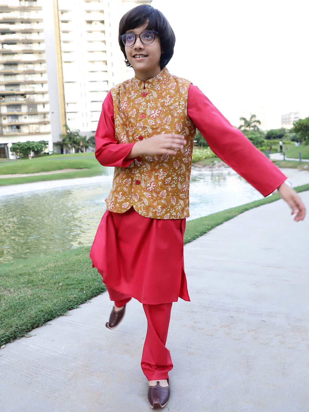 Red & Mustard Floral Print Kurta Pyjama With Nehru Jacket