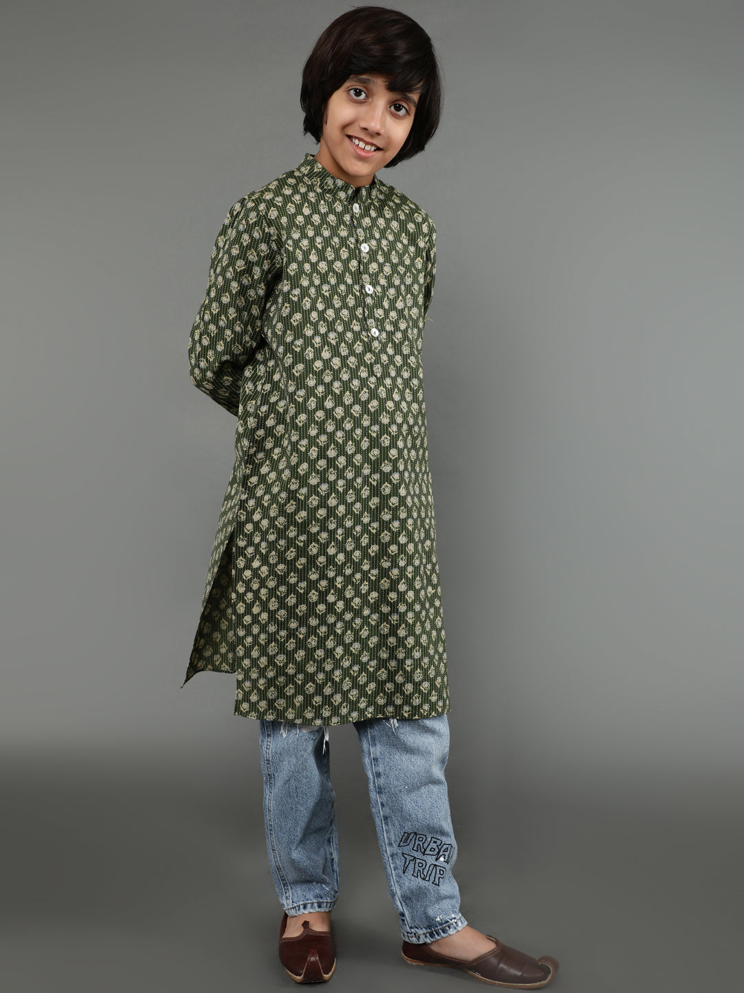 Green Kantha Work Kurta