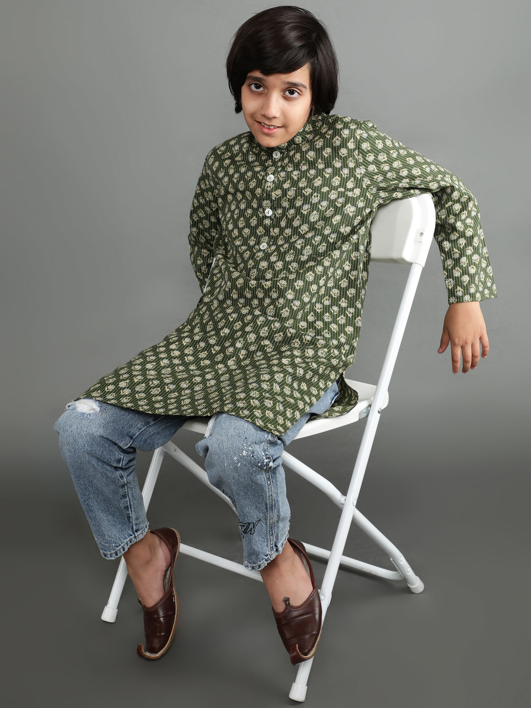 Green Kantha Work Kurta