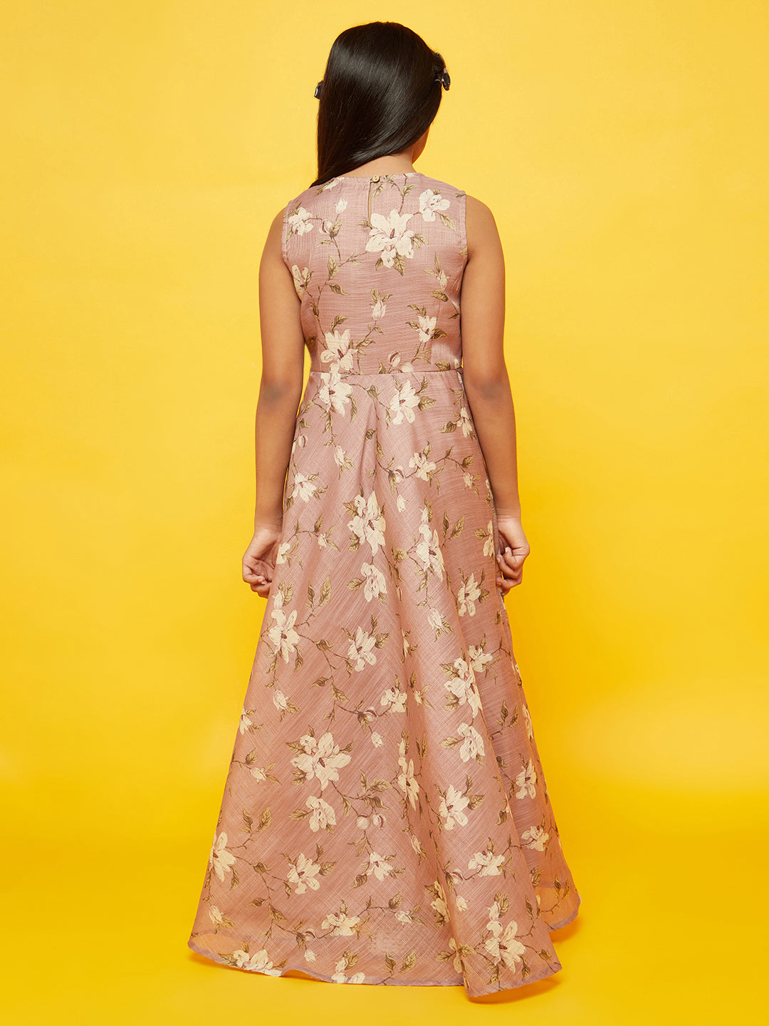 Pink Floral Print Dress With Embroidered Yoke