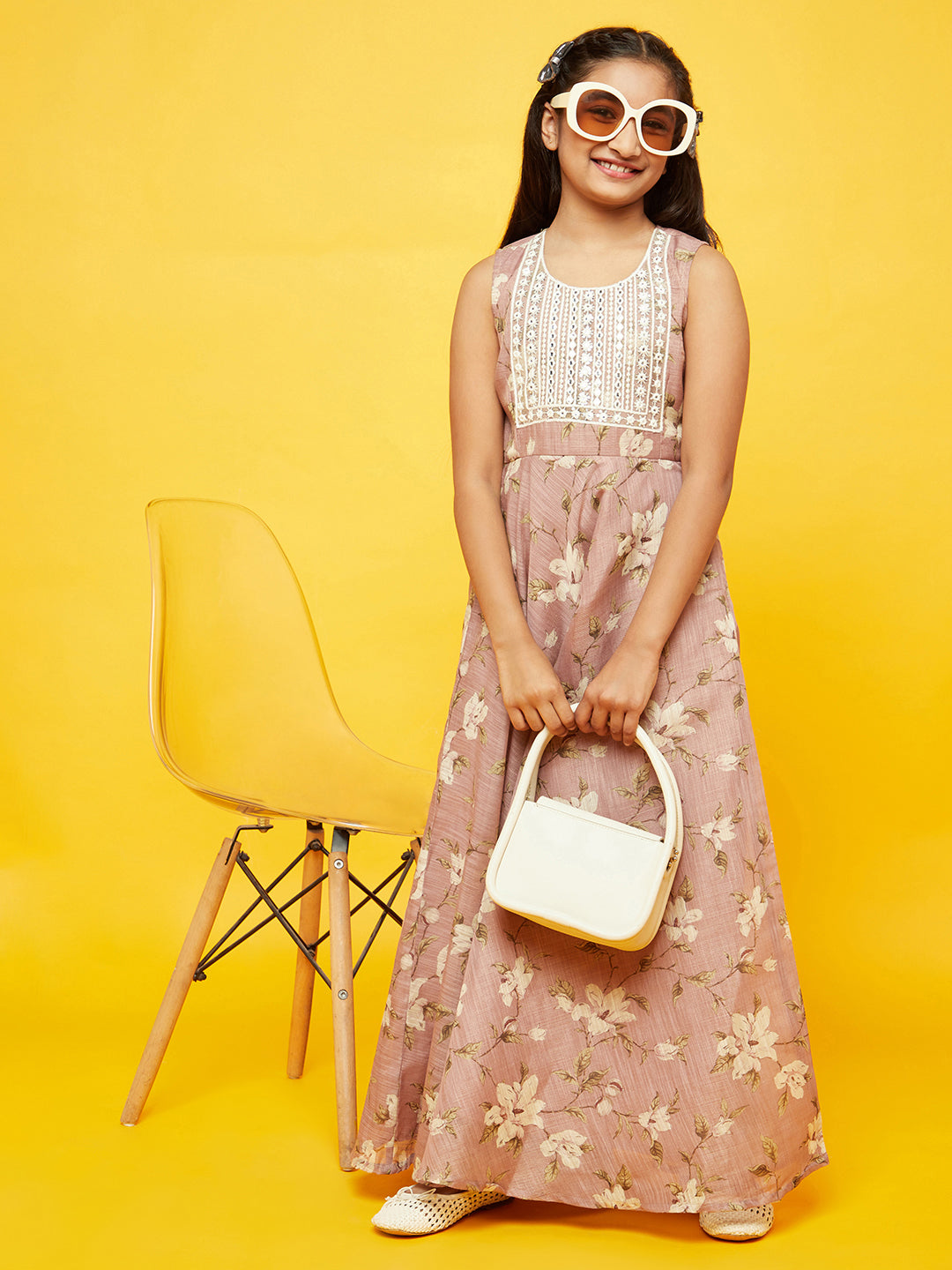 Pink Floral Print Dress With Embroidered Yoke