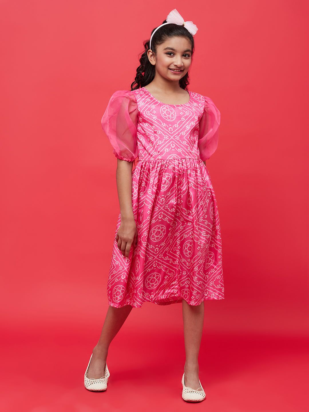 Pink Bandhani Print Empire Dress
