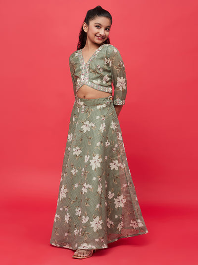 Pastel Green Floral Print Lehenga Choli With Dupatta