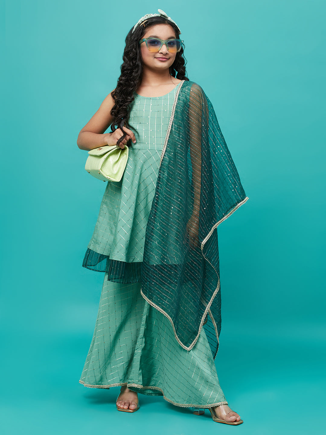 Green Sequin Kurta Sharara With Dupatta