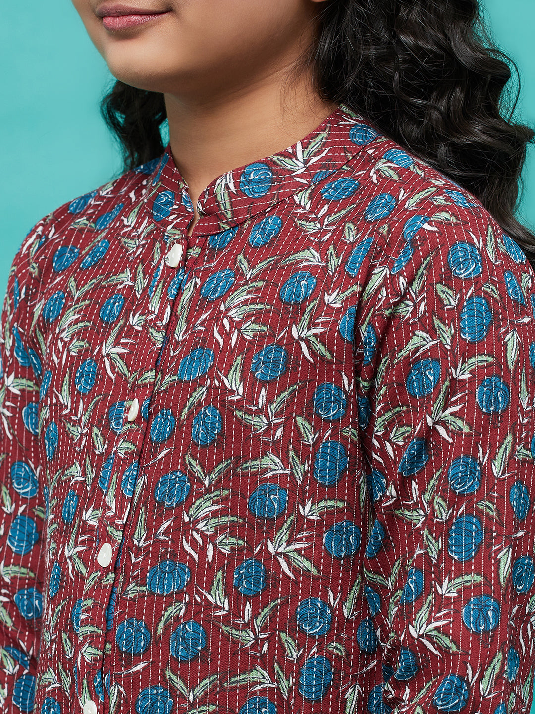 Maroon Floral Print Button Down Kurta With Pant