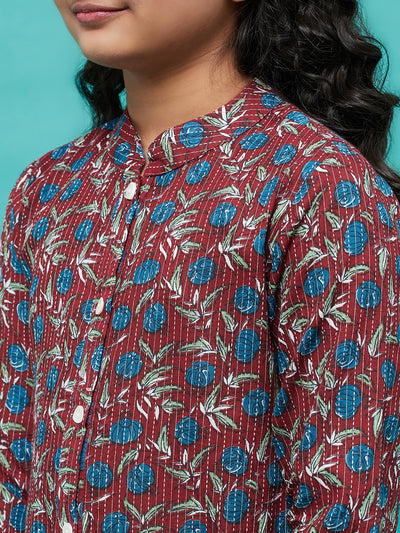 Maroon Floral Print Button Down Kurta With Pant