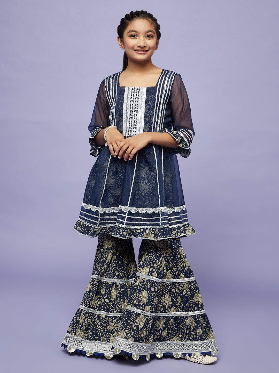 Navy Blue Floral Print Kurta Sharara With Jacket