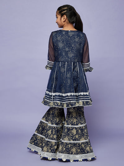 Navy Blue Floral Print Kurta Sharara With Jacket