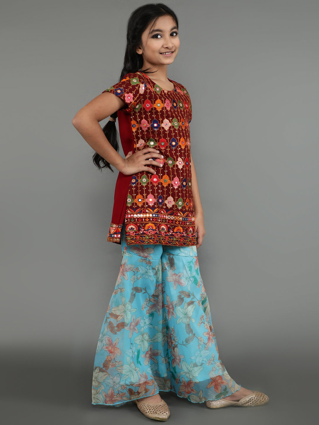 Maroon Embroidered Kurta Sharara With Dupatta