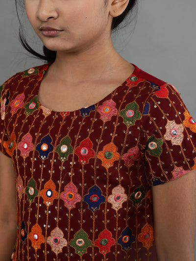 Maroon Embroidered Kurta Sharara With Dupatta