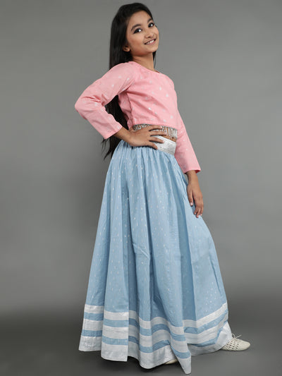 Blue & Pink Dobby Design Lehenga Choli With Dupatta