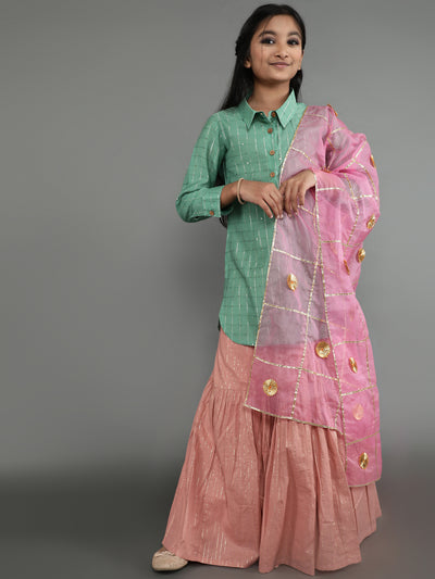 Green & Pink Sequin Kurta Lehenga With Dupatta