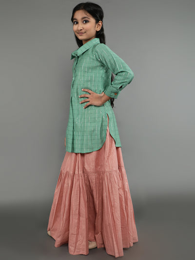 Green & Pink Sequin Kurta Lehenga With Dupatta