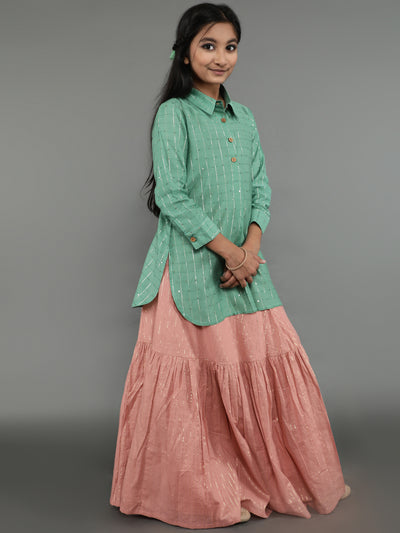 Green & Pink Sequin Kurta Lehenga With Dupatta