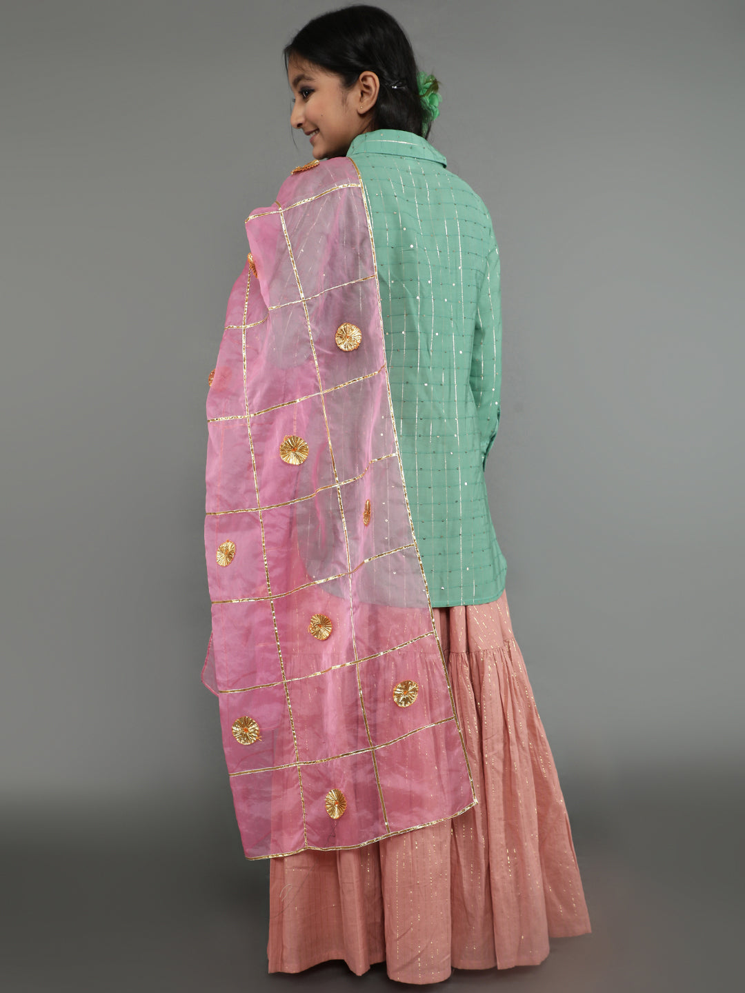 Green & Pink Sequin Kurta Lehenga With Dupatta