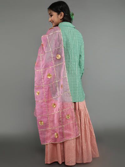 Green & Pink Sequin Kurta Lehenga With Dupatta