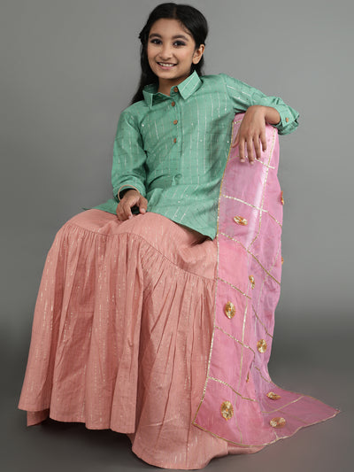 Green & Pink Sequin Kurta Lehenga With Dupatta