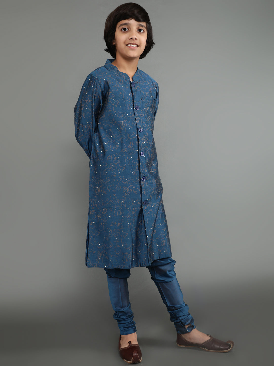 Blue Printed Sherwani With Churidar