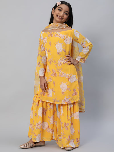 Yellow Floral Print Kurta Sharara With Dupatta