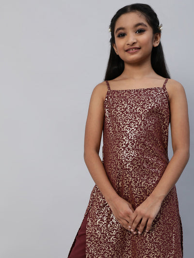 Burgundy Foil Printed Kurta With Sharara