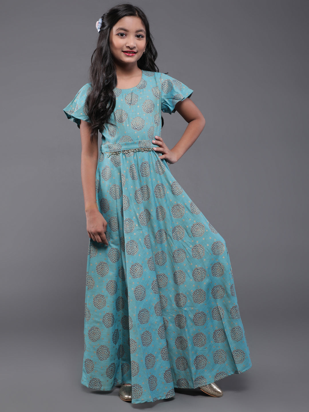 Blue Printed Flared Maxi Dress