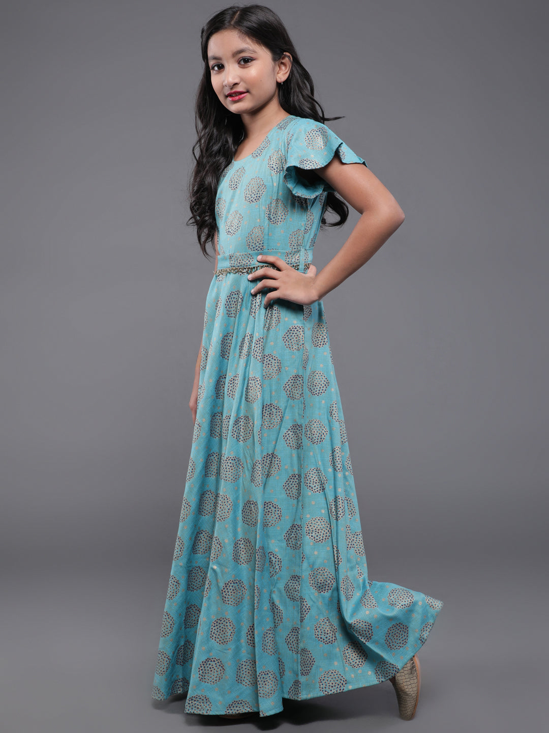 Blue Printed Flared Maxi Dress