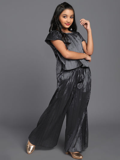 Grey Taffeta Pleated Top With Palazzo