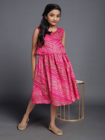 Pink Bandhani Print Layered Dress