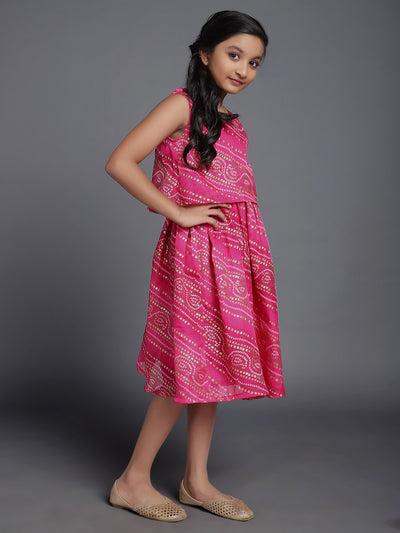 Pink Bandhani Print Layered Dress